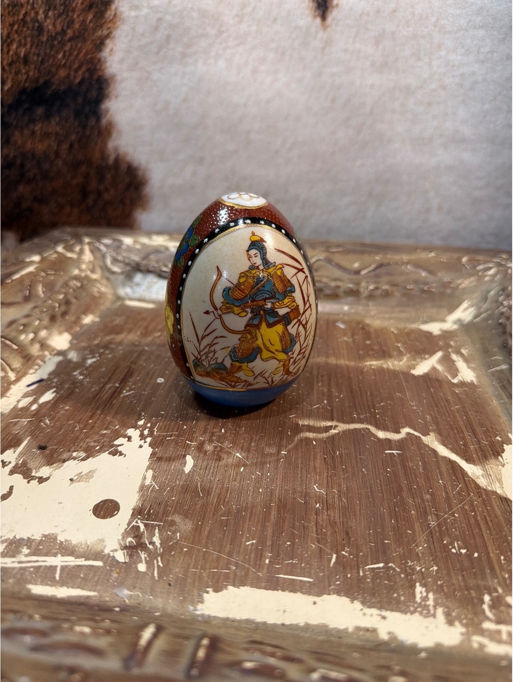 Vintage Hand-Painted Ceramic Miniature Vase with Asian Warrior Design